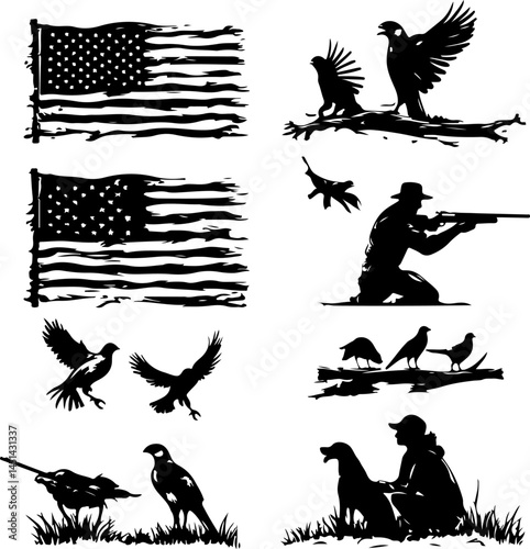 American Hunting Silhouette Set – Hunters, Birds, Dogs & USA Flag in Vintage Style