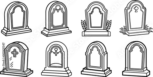 Set of headstone outline vector illustration, line art