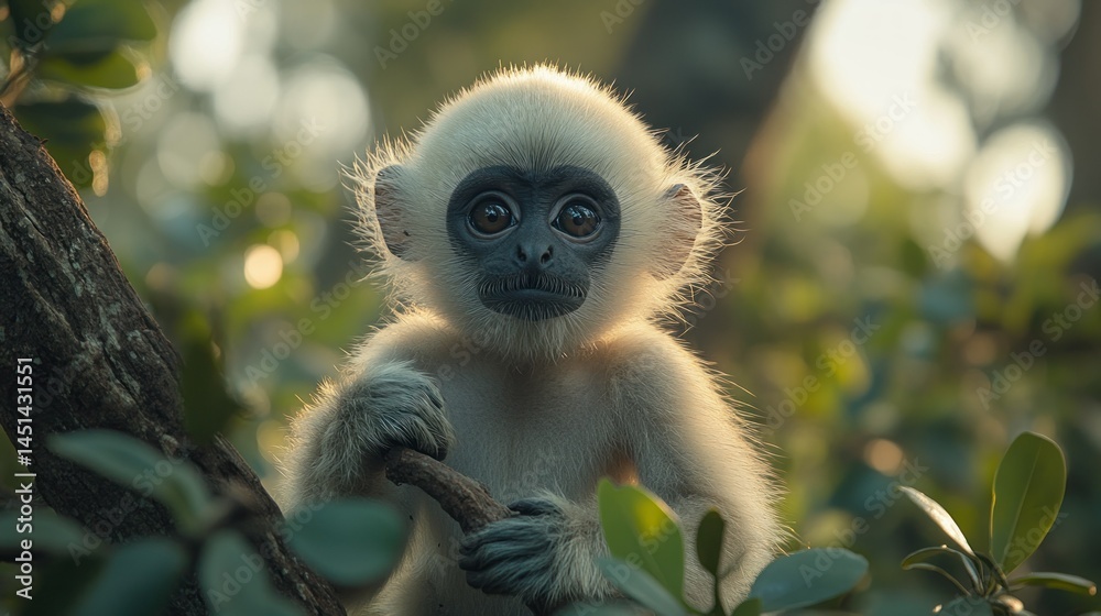 Fototapeta premium Infant monkey with bright inquisitive eyes nestled amid lush greenery and sunlight