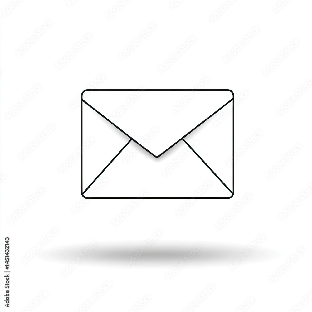 Simple, outlined, graphic representation of an open envelope.  A flat,  minimalist illustration of a paper envelope, with a folded flap.  A subtle shadow suggests depth