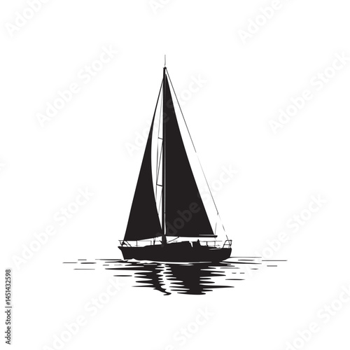 Black and white silhouette of sailboat sailing yachting boating on the water