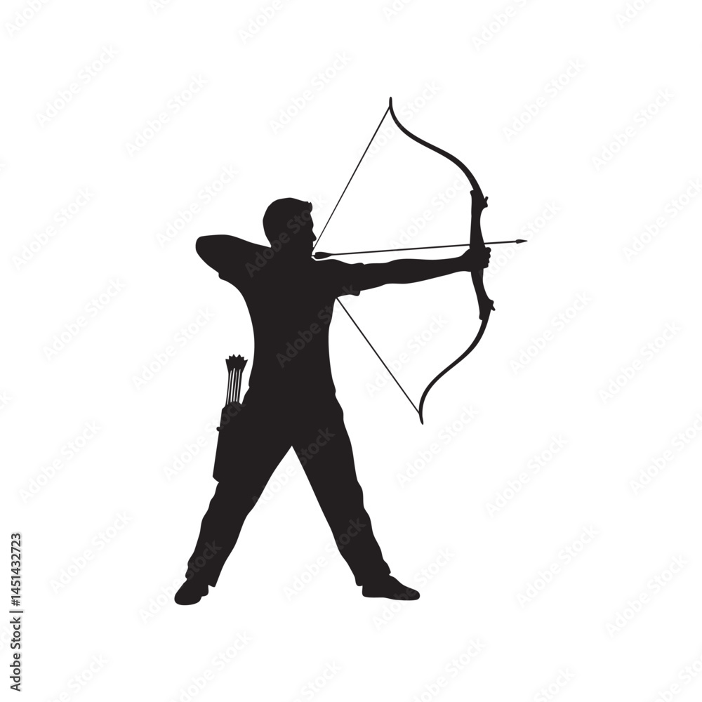 Fototapeta premium Archery silhouette vector: man with bow and arrow aiming target sport graphic