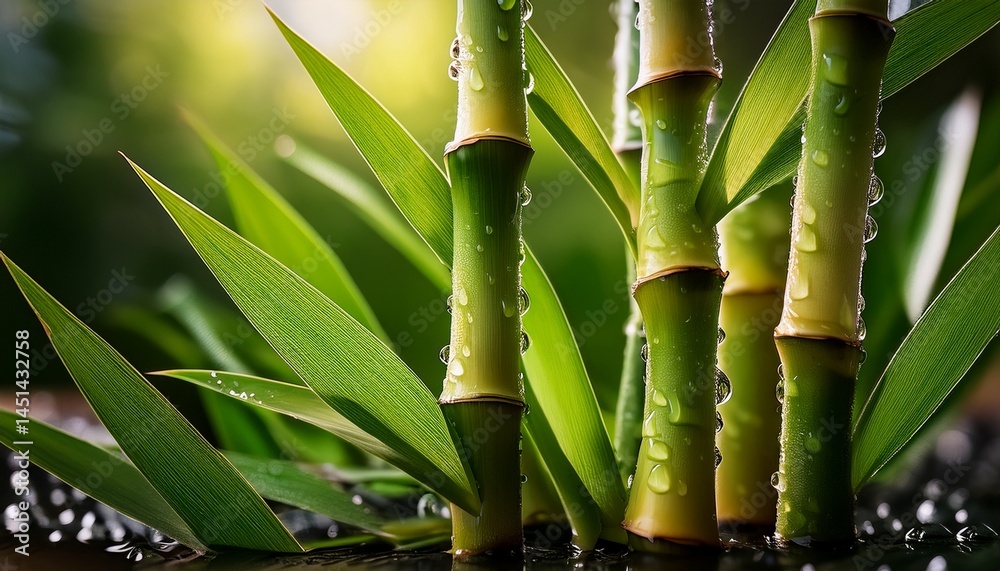 Fototapeta premium Serene Bamboo: Fresh Green Shoots with Dew Drops