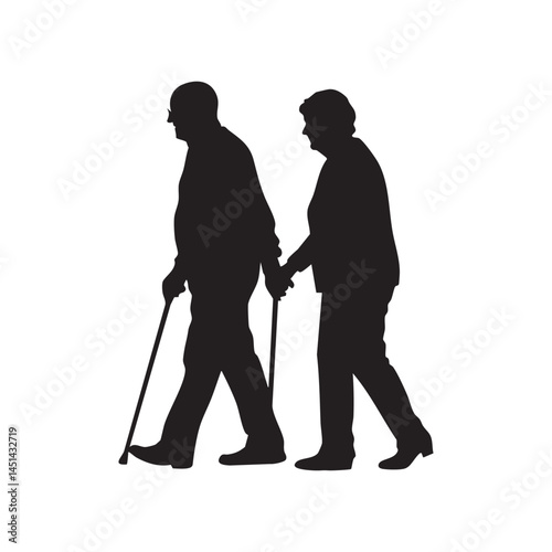 Elderly couple walking silhouette with canes senior citizens holding hands love