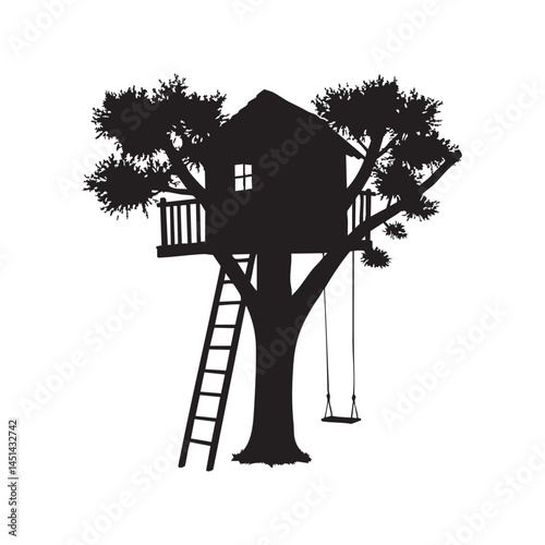 Treehouse silhouette vector illustration for kids tree house design element