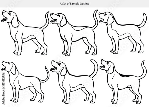 Howling beagle dog outline vector bundle featuring playful and expressive barking poses, ideal for coloring books, pet SVG designs, Cricut crafts, decals, printable pet artwork, and DIY projects