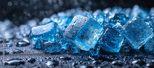 Glistening ice shards on black stone, melting with water droplets. Refreshing cool cyan and blue palette. Perfect for winter, beverage, or science concepts. Macro shot.