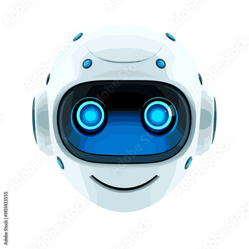 The image features a cute and friendly robotic face with a smooth, white exterior. The robot has large, expressive blue eyes and a simple smiling mouth, giving it a friendly and approachable appearanc