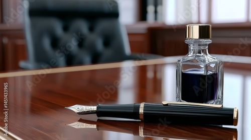 Classic Fountain Pen with Ink Bottle on Antique Desk in Elegant Office Setting