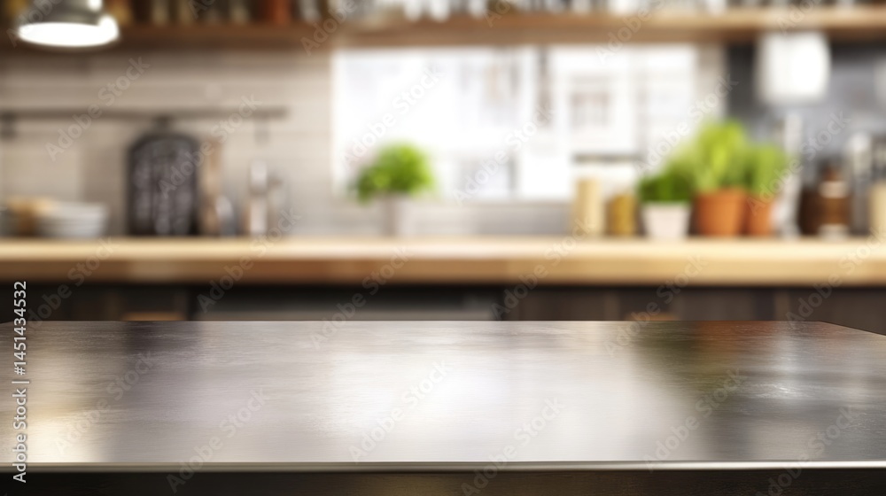 Empty stainless tabletop with blurred kitchen view background. Empty stainless tabletop with blurred kitchen view background.