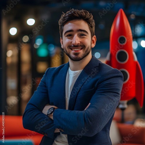 Confident young entrepreneur smiling with arms crossed, startup launch symbolized by red rocket model..