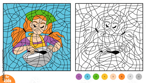 Color by number, education game for kids, cute girl cook stirs the dough in a bowl