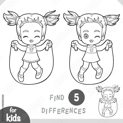 Cute girl jumping rope. Find differences, educational black and white game for kids