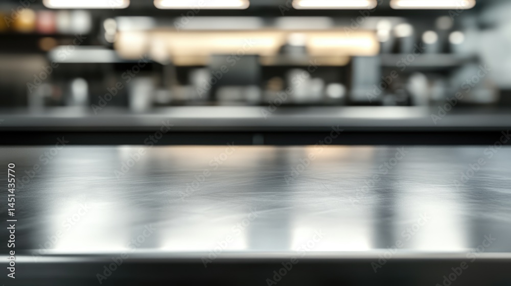 Naklejka premium Empty stainless tabletop with blurred kitchen view background.