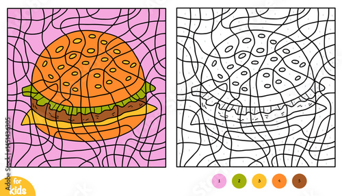 Color by number, education game for kids, Burger. Square coloring page