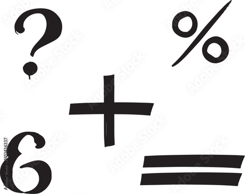 Black Ink Symbols Collection Plus, Question Mark, Equal Sign, Ampersand, Percentage, Exclamation Point, and At Symbol
