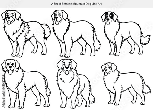 Adorable Bernese Mountain Dog outline illustrations in a variety of cute cartoon poses, ideal for dog-themed crafts, pet lover merchandise, digital stamps, coloring books, and sublimation clipart desi