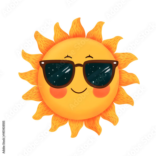 A cartoon sun wearing sunglasses with a happy smile, against a black background.