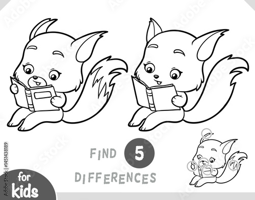 Cute cartoon Fox reading a book. Find differences, education black and white game for kids