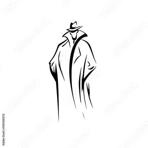 Mysterious Man in Trench Coat Line Art, Stylized black and white illustration of a faceless man in a trench coat and fedora, evoking mystery, noir, and detective themes.

