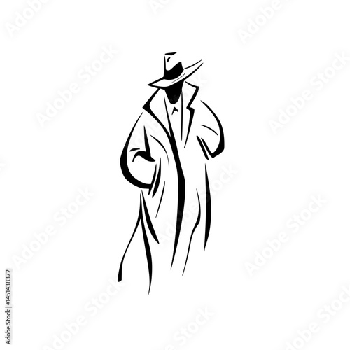 Mysterious Man in Trench Coat Line Art, Stylized black and white illustration of a faceless man in a trench coat and fedora, evoking mystery, noir, and detective themes.


