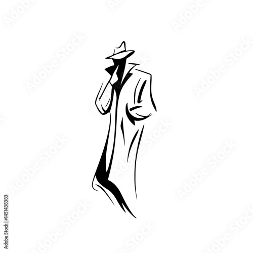 Mysterious Man in Trench Coat Line Art, Stylized black and white illustration of a faceless man in a trench coat and fedora, evoking mystery, noir, and detective themes.

