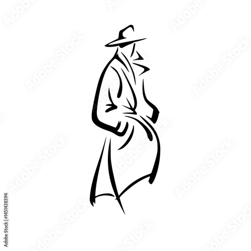 Mysterious Man in Trench Coat Line Art, Stylized black and white illustration of a faceless man in a trench coat and fedora, evoking mystery, noir, and detective themes.

