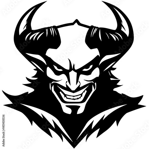 Evil Demon Head with Horns Vector Art, Sinister black and white illustration of a grinning demonic face with sharp horns and fangs, ideal for horror themes or logos.

