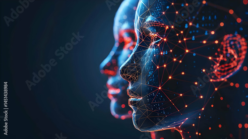 Digital representation of two human faces with network connections.