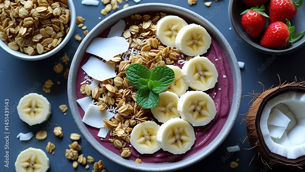 Colorful Açaí Bowl with Granola, Bananas & Coconut Flakes | Healthy Superfood Breakfast from Above Colorful Açaí Bowl with Granola, Bananas & Coconut Flakes | Healthy Superfood Breakfast from Above