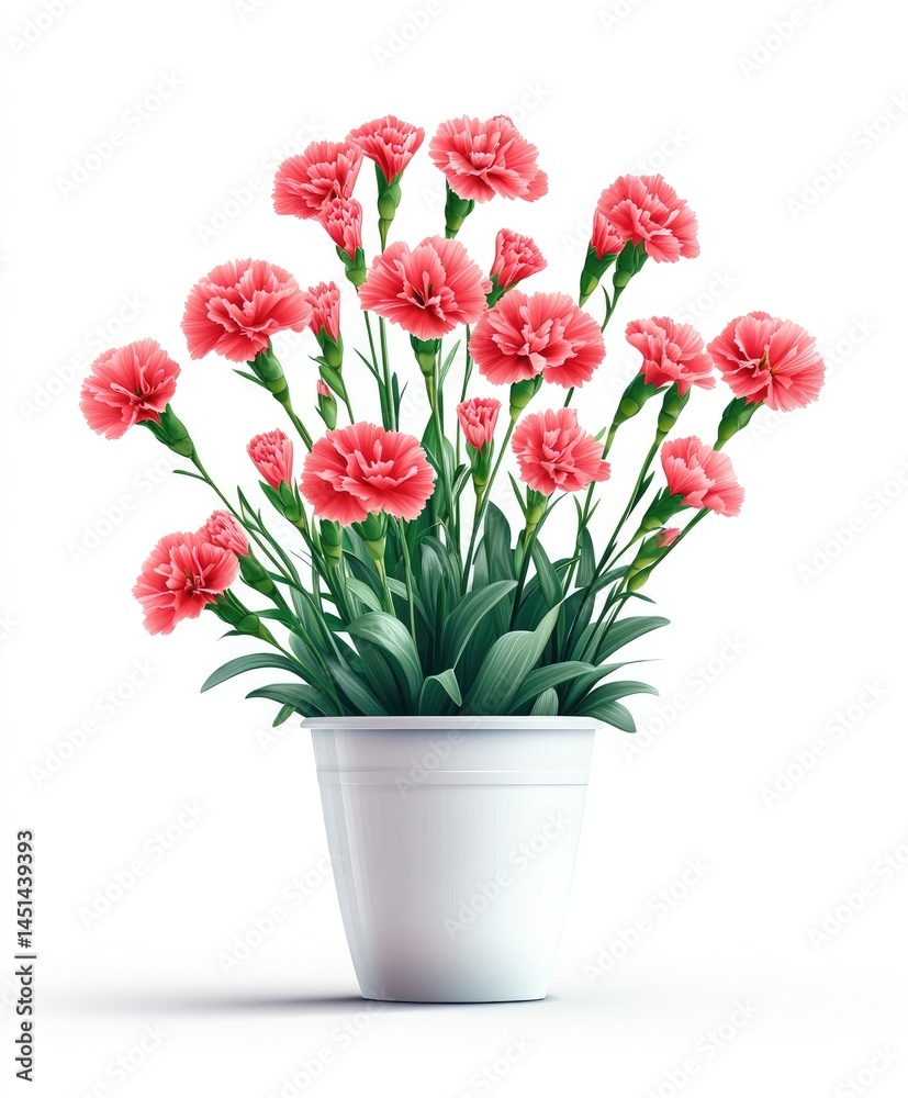 Pink carnations in a white pot against a white background. A bouquet of vibrant pink carnations arranged in a simple white pot. Fresh, elegant, and delicate Pink carnations in a white pot against a white background. A bouquet of vibrant pink carnations arranged in a simple white pot. Fresh, elegant, and delicate