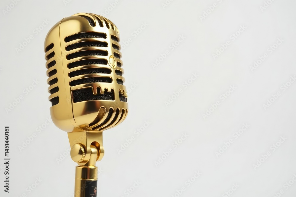 Fototapeta premium Close-up of a gold microphone on white background, rap, texture, microphone
