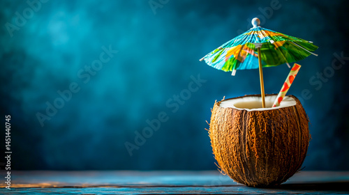 Coconut with a cocktail umbrella and straw on a dark blue background photo