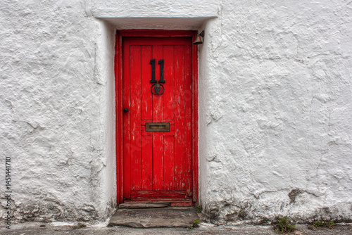 A rustic red door with a number 11 sign, set into a rough white plaster wall.
