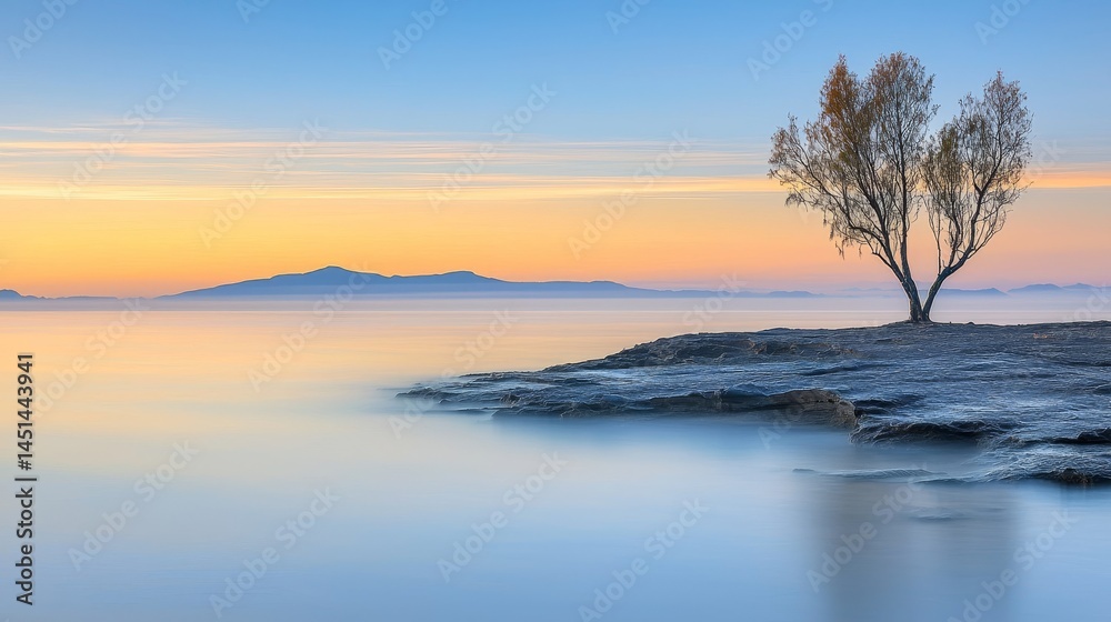 Obraz premium Serene Sunset Over Calm Waters with Lonely Tree on Rocky Shoreline Landscape