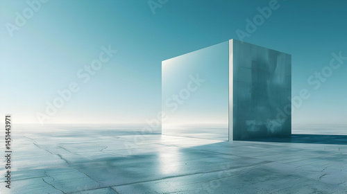 A large, reflective cube on a paved, icy plain.