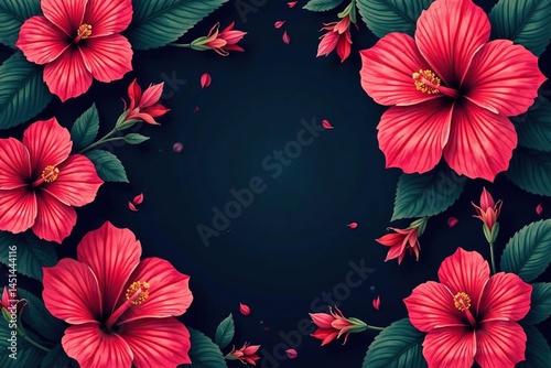 Bold hibiscus motifs, stylized repeating pattern, dark background , background, print, art