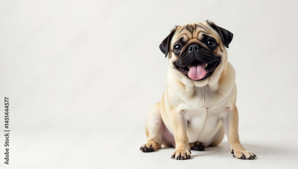 Obraz premium Adorable pug dog sits against white background, isolated background, pet portrait, dog breed