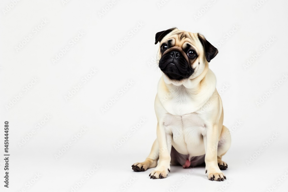 Obraz premium Adorable pug dog sits alone against pure white background , funny, friend, stock photo
