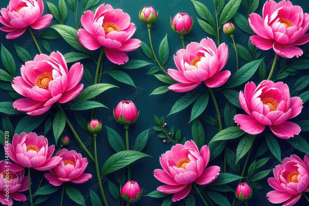 Fototapeta premium Bold peony blossoms, lush greenery, continuous pattern, design, bloom