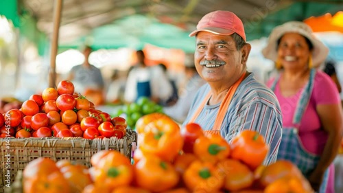 Farmers Market: A vibrant farmers market scene showcasing a cheerful vendor and customer surrounded by fresh, colorful produce, capturing the essence of community and healthy living.
