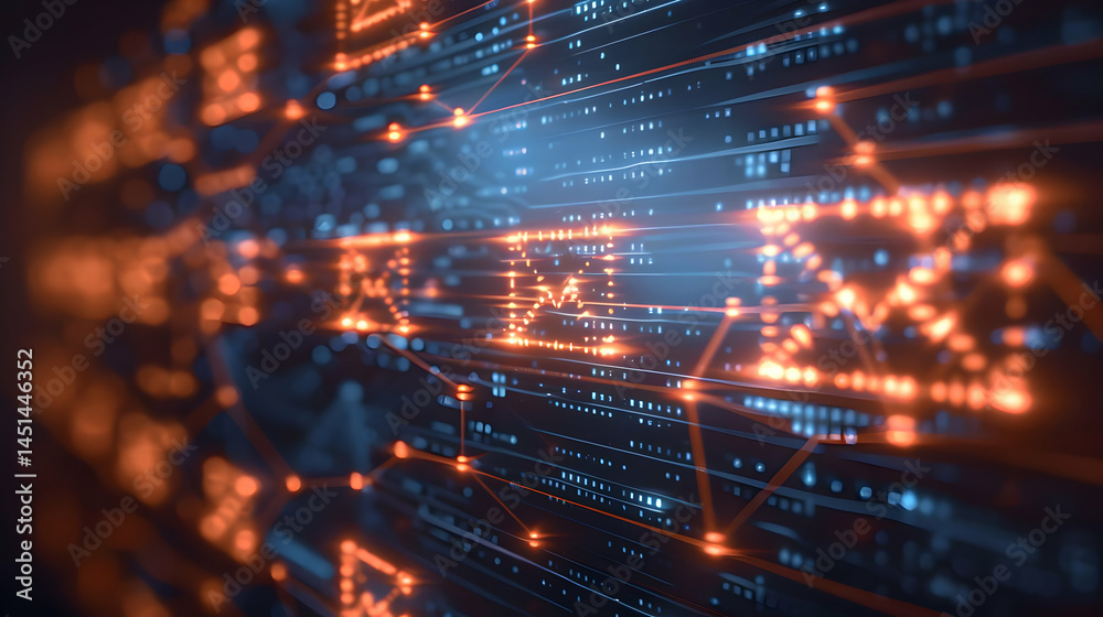 Abstract digital network design with glowing orange accents.