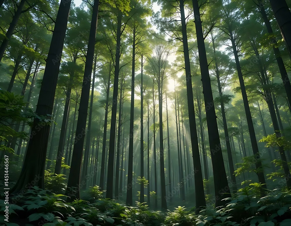 Fototapeta premium Sunlight streams through dense, tall trees in a peaceful forest with green foliage below canopy.