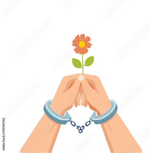 Handcuffed Hands Holding a Daisy – Hope and Peace Amid Captivity Vector Concept

