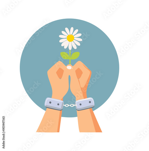 Handcuffed Hands Holding a Daisy – Hope and Peace Amid Captivity Vector Concept


