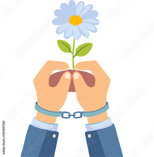 Handcuffed Hands Holding a Daisy – Hope and Peace Amid Captivity Vector Concept

