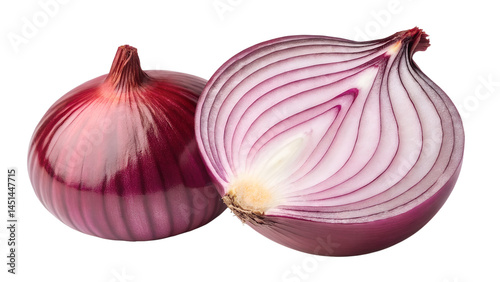 A perfectly halved red onion with its layers visible, alongside a whole red onion, both set against a stark transparent background.