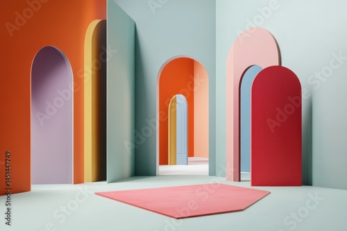 creative 3d scene with several open doors in different colors on minimalist background