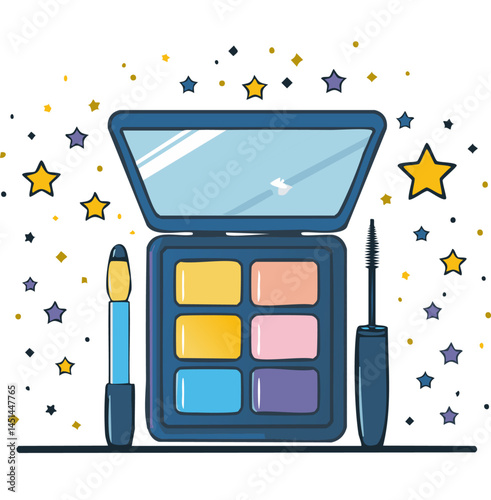 Modern Eyeshadow Palette and Mascara with Star Accents – Beauty Product Vector Illustration

