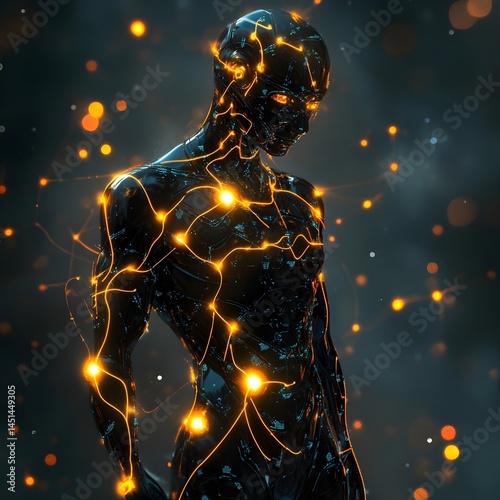 Futuristic humanoid figure with glowing neural circuits, symbolizing advanced AI and cyber technology